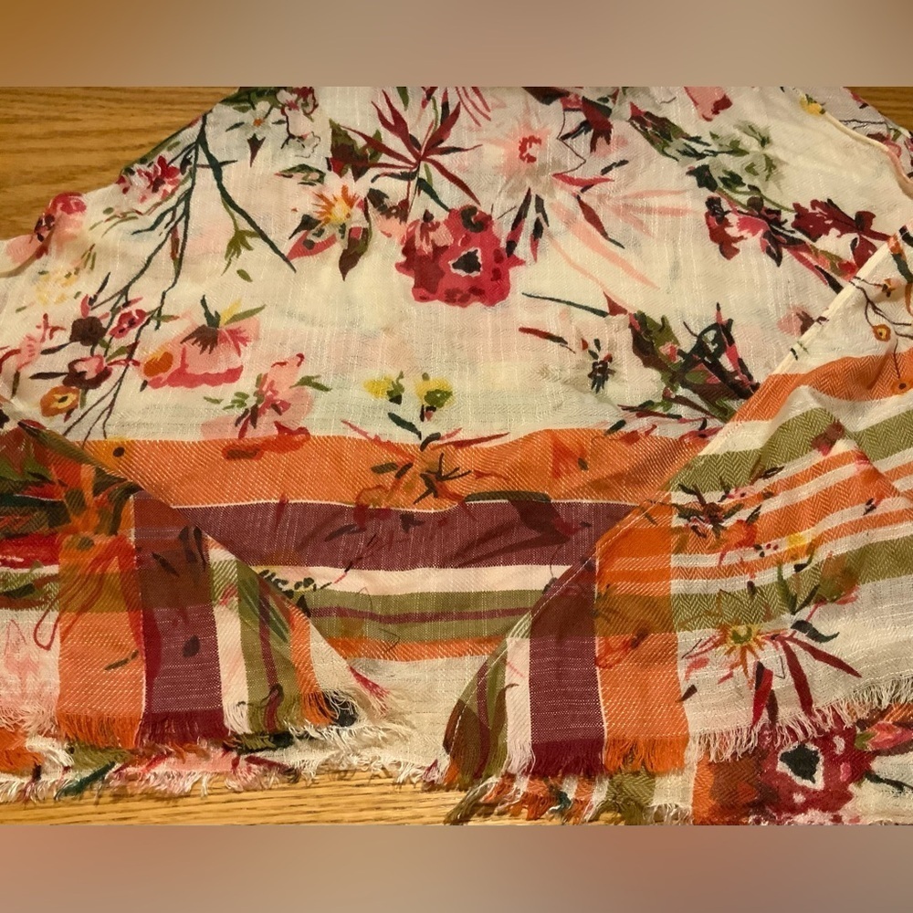 Triangular Shawl Wrap, Women’s Plaid Stripe w/Floral Design, Autumn Colors - Picture 2 of 6